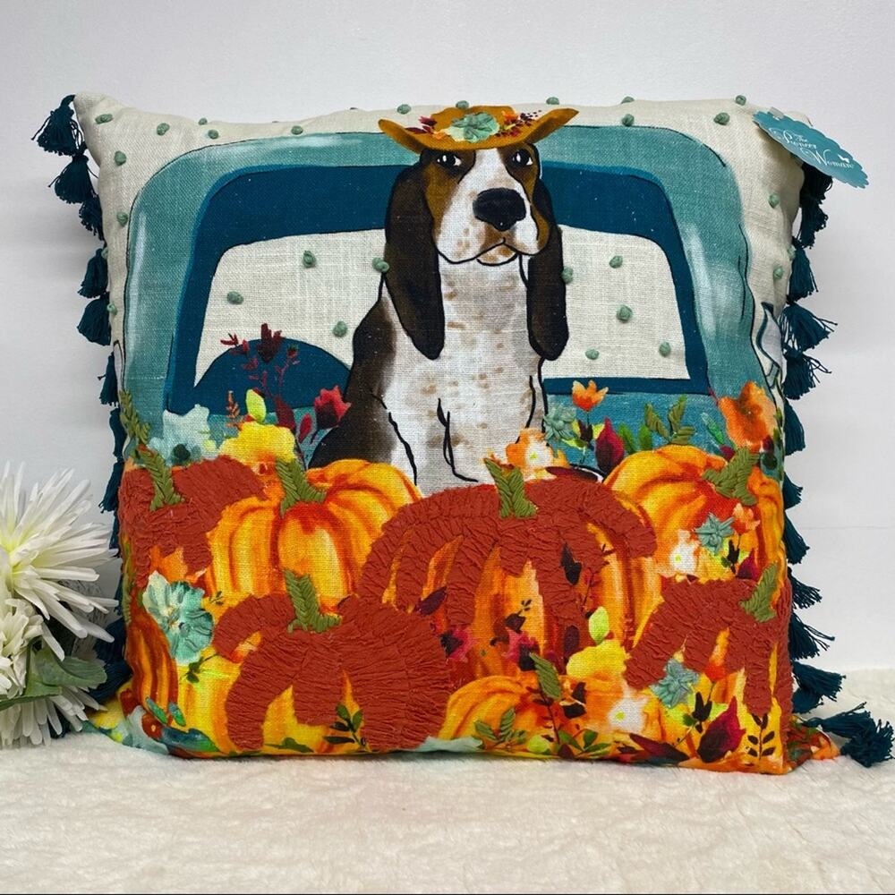 Pioneer Woman Charlie Pillow Fall Bassett Hound Dog Pumpkin Embroidered Decor